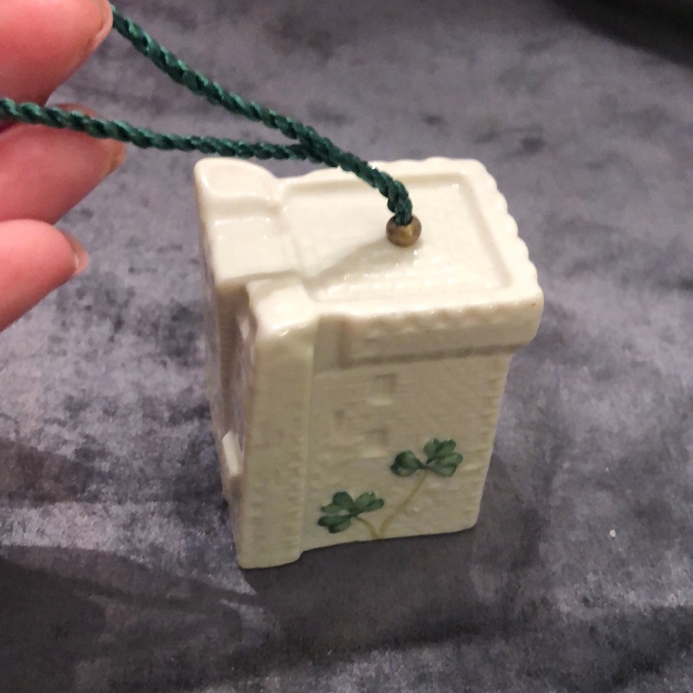 Belleek Blarney Castle Ornament with Green Shamrock Design